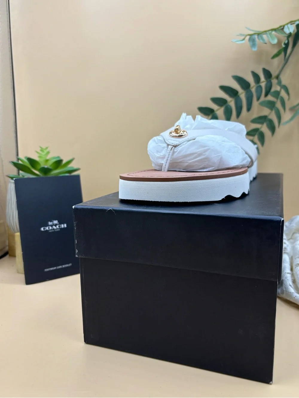 Coach White Leather Thong Sandals with Brown Footbed and Gold Logo